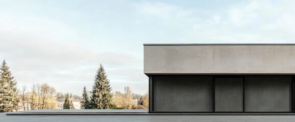 Modern architectural design features minimalism and natural surroundings with a clear sky above