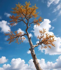 Fototapeta premium Twisted tree branch hanging suspended in mid-air against a bright blue sky with fluffy white clouds, landscape, foliage, artistic