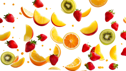 Colorful Floating Fruits: AI-Generated Dynamic Design on Transparent Background