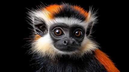 Fototapeta premium Closeup Portrait of a Small Monkey with Orange and White Fur Against a Black Background