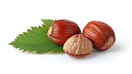 Three Hazelnuts with Green Leaf on White Background