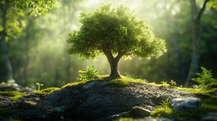 Fototapeta premium Lush Green Tree Surrounded by Sunlight and Nature in a Vibrant Ecosystem Highlighting Growth and Environmental Beauty