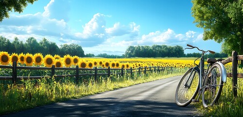 A well-kept village road with a bicycle leaning against a fence and a field of sunflowers in the background