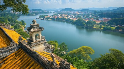 Fototapeta premium Panoramic View of Hue City from a Temple Rooftop
