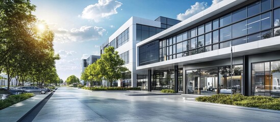 Modern commercial office building with ample parking space on a bright sunny day.