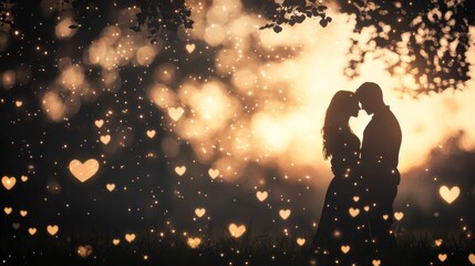 Silhouetted Couple Embracing Under Starry Heartlit Sky