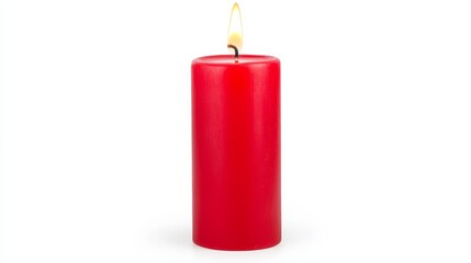 Fototapeta premium Lit Red Candle on White Background - A single red candle is lit, standing on a white background. The flame is bright and the candle is cylindrical.