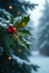 Glowing pine branch with holly leaves and mistletoe in a snowy winter scene, winter,