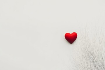 Fototapeta premium Red Heart Minimalist Design - A single red heart rests on a light gray background, next to gray textured elements. Simple, elegant, and romantic.