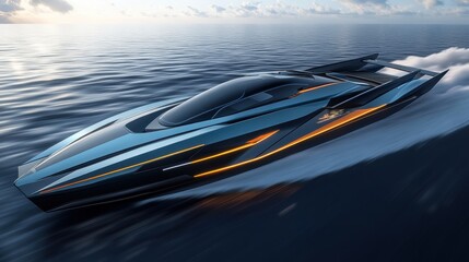 Futuristic Dark Gray Speedboat on Blue Ocean Water