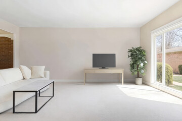 Fototapeta premium Modern living room with natural light and minimalist decor in a suburban home