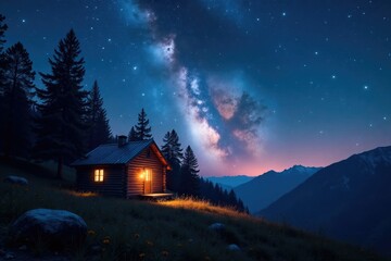 Cabin and trees disappear into the starry night, , isolation