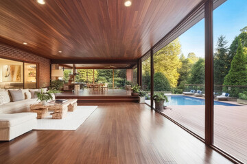 Fototapeta premium Modern living room interior with large windows and pool view in a serene outdoor setting