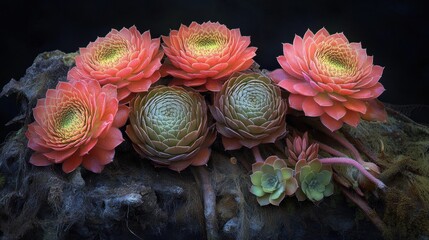 Red and Green Succulents on Dark Rock Closeup