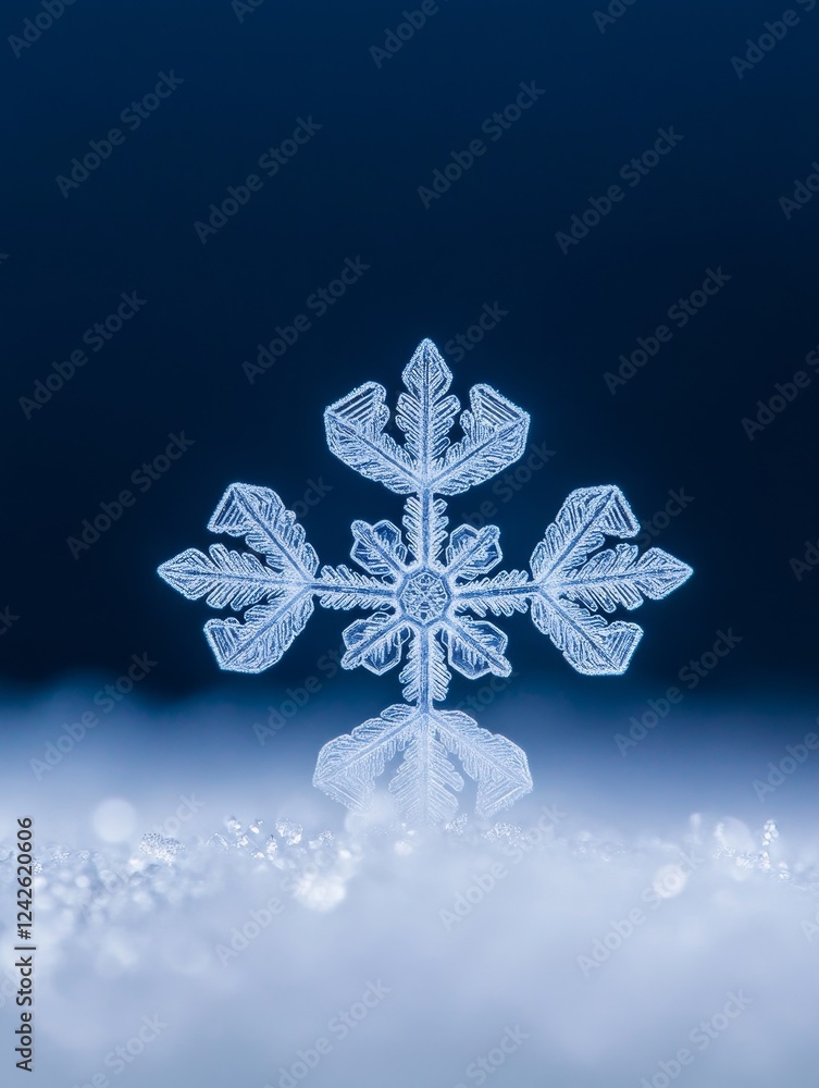 Poster intricate snowflake on frosty ground - a single, detailed snowflake rests on a frosty surface, symbo