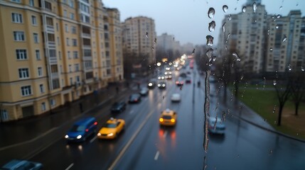 Rainy Cityscape Viewed Through a Window