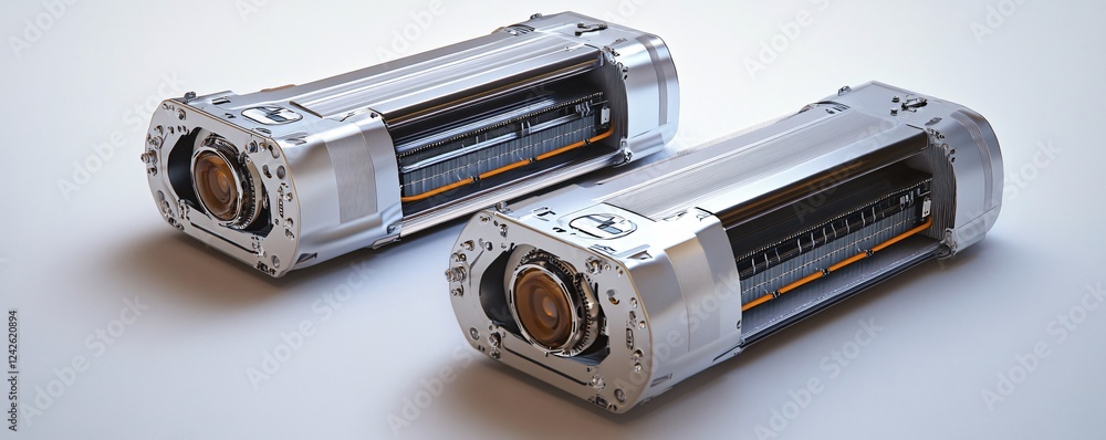 Poster White background showcases two advanced engines, displaying intricate internal gears, wires, and components