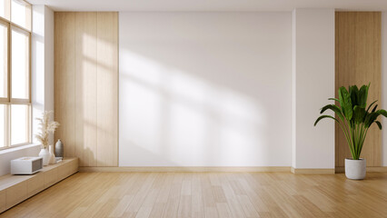 Modern  mid-century interior living room ,empty room ,wood floor and  white wall .3drender