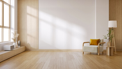Modern minimal interior living room with white sofa and wooden coffee table on white wall .3drender
