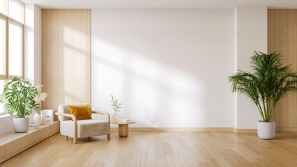 Modern  mid-century interior living room with white sofa and wooden coffee table on white wall .3drender