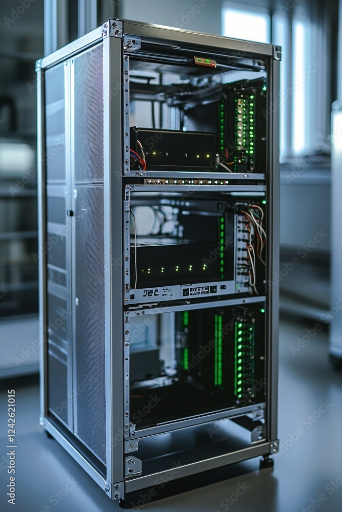 Poster Open server rack with green led lights blinking showing system is working properly in a server room