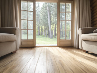 Fototapeta premium Cozy living room with large windows opening to a serene forest view
