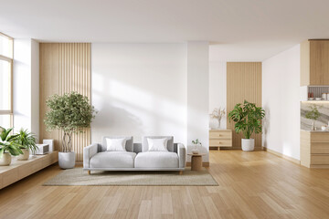 Modern  minimal interior living room with white sofa and wooden floor wiht  white wall .3drender