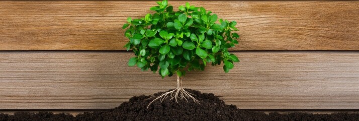 Young Plant Growth in Soil - A small green plant with visible roots sits in dark soil against a brown wooden background.  Represents growth, nature, and new beginnings.
