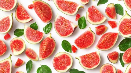 Sliced Figs and Mint Leaves on White Background
