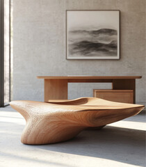 A wooden coffee table with an organic shape and wood slats, lighting, soft light, modern home interior design, and a zen mood, with decorative artwork on the wall behind it