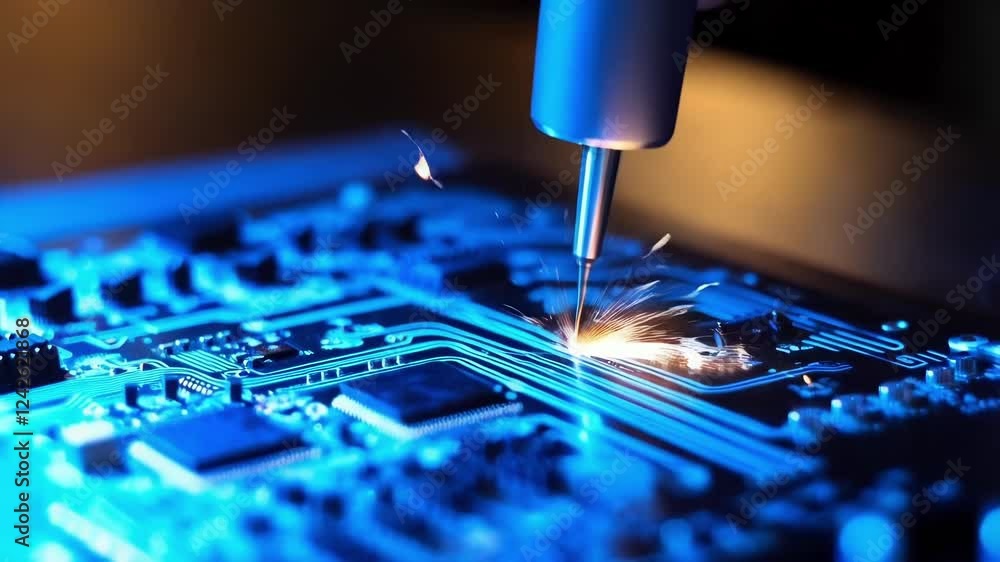 Poster robotic arm soldering components on a blue printed circuit board, creating sparks and showing the pr