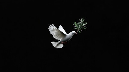 White Dove in Flight Carrying Olive Branch Against Black Background