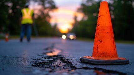 Sunset Roadwork: A Single Orange Cone Marks a Damaged Asphalt Road
