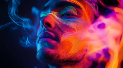 A man&rsquo;s face framed by geometric shapes, with abstract patterns flowing from his eyes, like colored smoke, illuminated by soft light from above