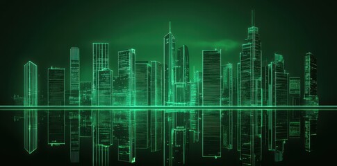 Fototapeta premium Green Neon Cityscape Skyline Reflection