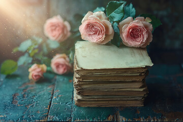 Faded Pages with Fresh Pink Roses
