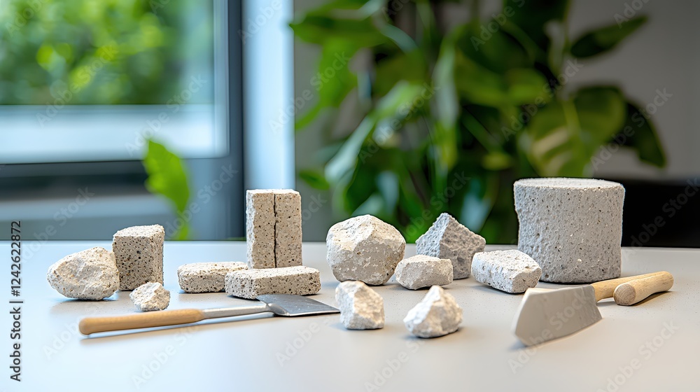 Poster natural stone samples displayed on table with tools for geological study or architectural design