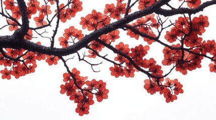 Red Blossom Branch Against White Background