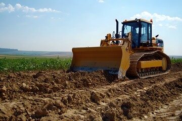 Powerful Bulldozer Working on Farmland Under Blue Sky