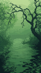 Fototapeta premium Pixel art of an ethereal green forest with water reflecting the trees, a foggy atmosphere, dark and mysterious, mysterious forest pixel art, pixel art background
