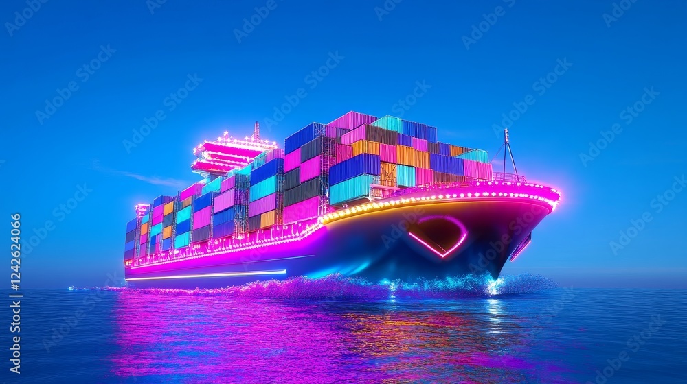 Poster neon container ship at sea - a vibrant container ship illuminated with neon lights sails across a da