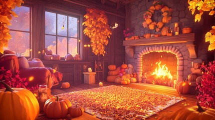 Obraz premium Cozy Cabin Interior with Fireplace and Fall Decorations