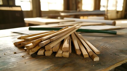 Wooden Craftsmanship Stacked Wood Pieces in Workshop Setting
