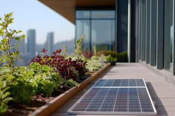 Naklejka premium Rooftop Garden Solar Panel Sustainable City Living Modern Design