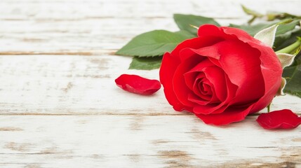 Single Red Rose on White Wooden Background