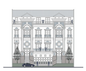 Fototapeta premium Facade of 4 storeys symmetrical modern classic house with 5 doors, 12 windows, 4 columns, balustrade, frames, decoration, stairs, crowns, balcony, canopy, roof and its elements design.