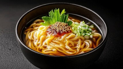 Udon noodles japanese flavor concept. A bowl of steaming noodles garnished with green onions, sesame seeds, and fresh herbs, offering a delicious and inviting presentation.