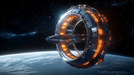 Futuristic spaceship orbiting Earth, cosmic background, science fiction illustration, space travel concept