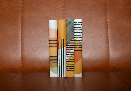 Four Customizable Spine Cover Mockup on a Leather Background