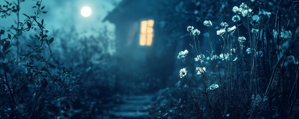 Naklejka premium Blooming white flowers in the moonlit night beside a quaint wooden house